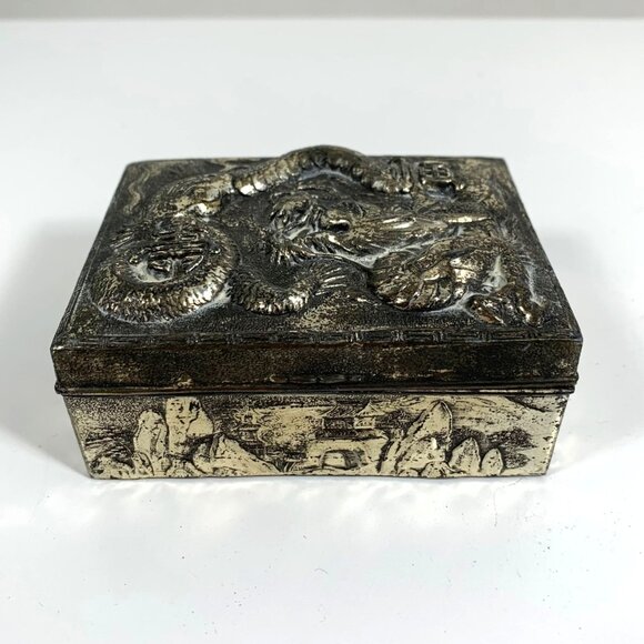 Antique Silver-Plated Japanese Trinket Box With Dragon Motif & Hinged Lid - Picture 2 of 8